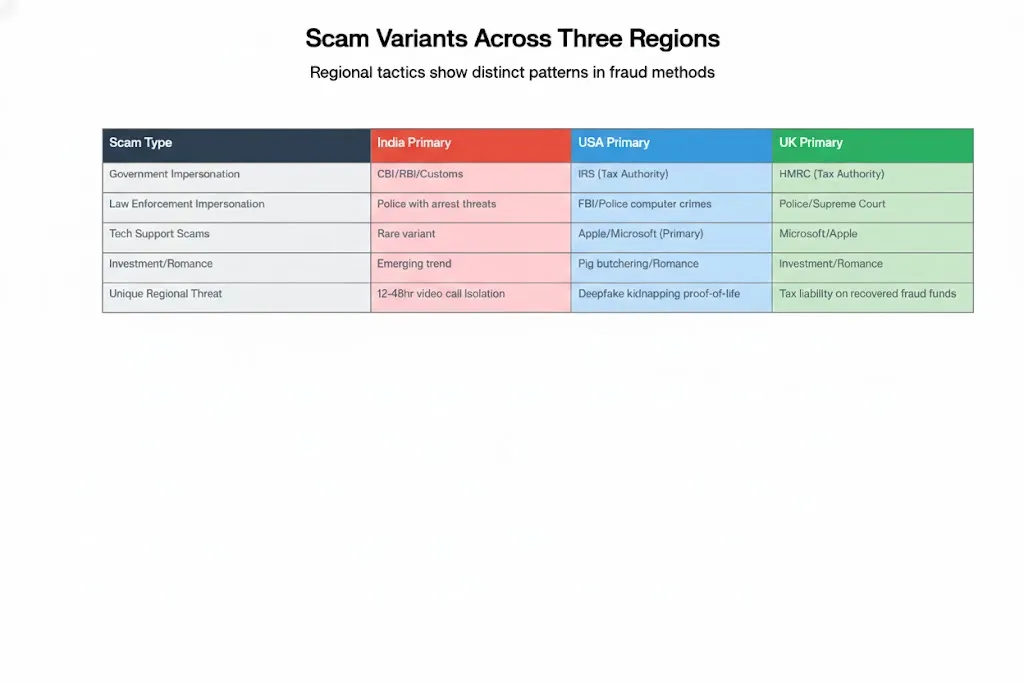 Scam variants across three regions
